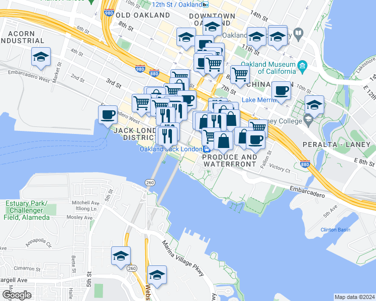 map of restaurants, bars, coffee shops, grocery stores, and more near 255 2nd Street in Oakland