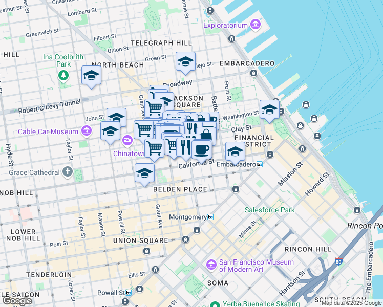 map of restaurants, bars, coffee shops, grocery stores, and more near 642 Commercial Street in San Francisco