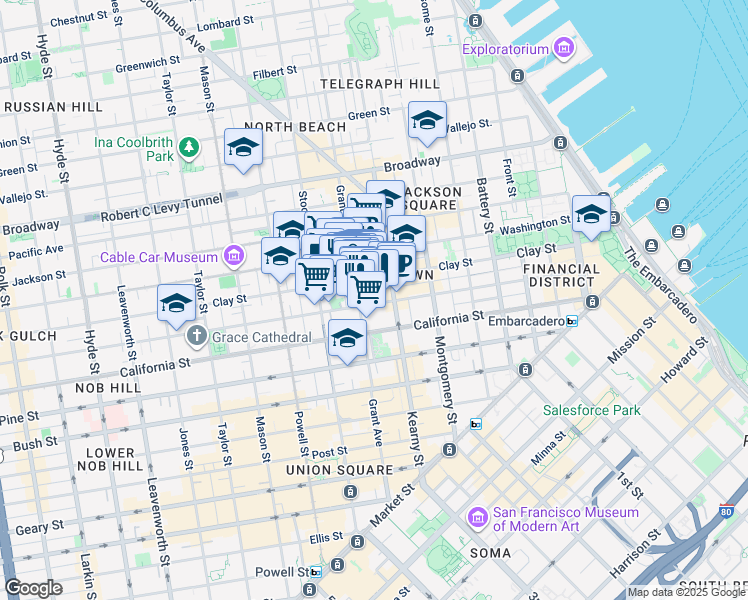 map of restaurants, bars, coffee shops, grocery stores, and more near 736 Grant Avenue in San Francisco