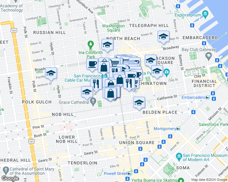 map of restaurants, bars, coffee shops, grocery stores, and more near 115 Wetmore Street in San Francisco
