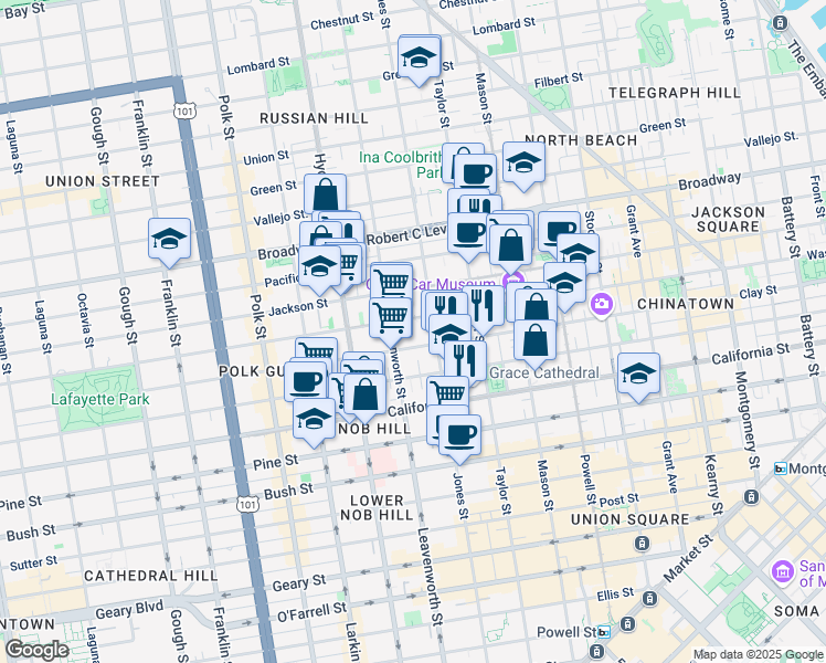 map of restaurants, bars, coffee shops, grocery stores, and more near 1360 Jones Street in San Francisco