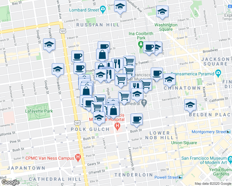 map of restaurants, bars, coffee shops, grocery stores, and more near in San Francisco