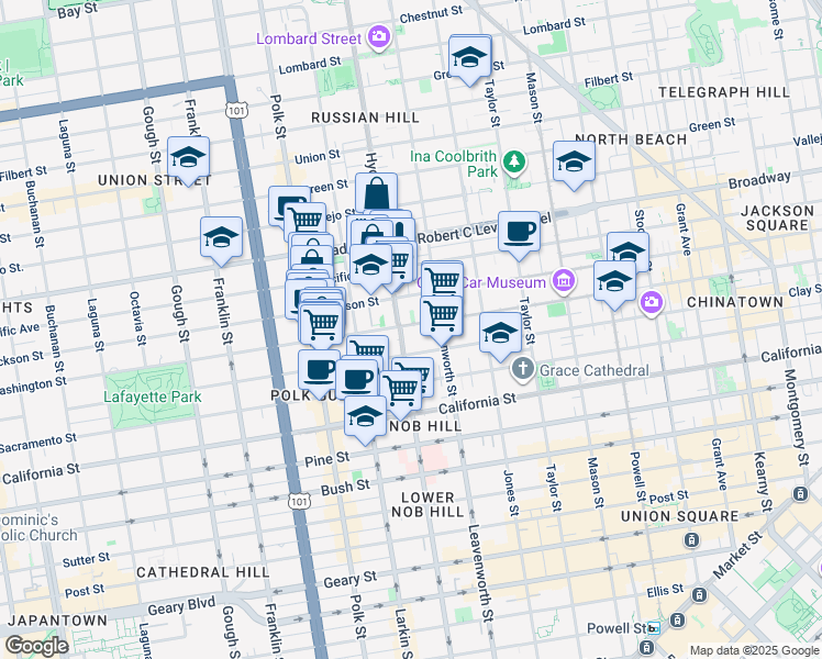 map of restaurants, bars, coffee shops, grocery stores, and more near 1465 Hyde Street in San Francisco