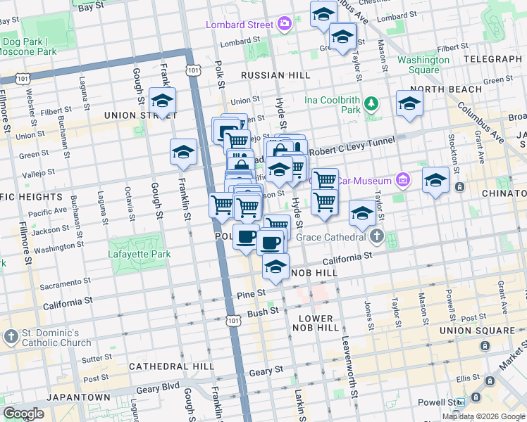 map of restaurants, bars, coffee shops, grocery stores, and more near 1664 Larkin Street in San Francisco