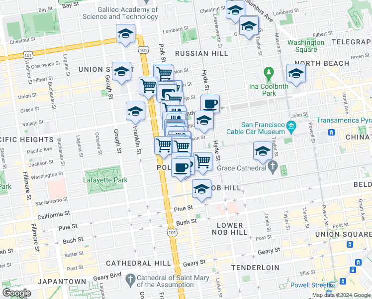 map of restaurants, bars, coffee shops, grocery stores, and more near 1958 Polk Street in San Francisco