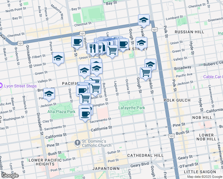 map of restaurants, bars, coffee shops, grocery stores, and more near 2100 Pacific Avenue in San Francisco