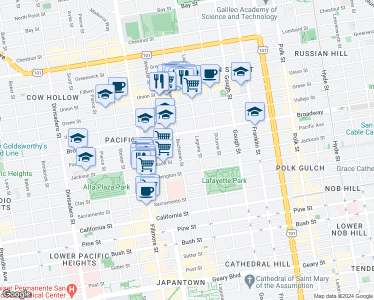 map of restaurants, bars, coffee shops, grocery stores, and more near 2602 Buchanan Street in San Francisco