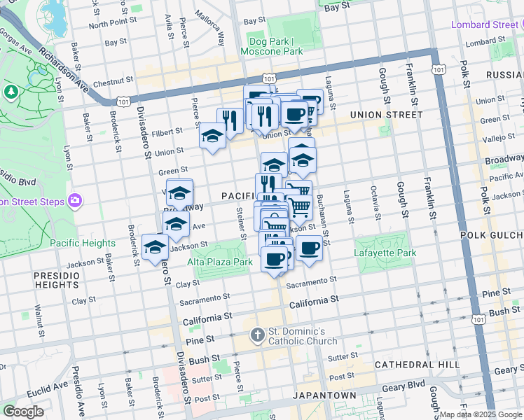 map of restaurants, bars, coffee shops, grocery stores, and more near in San Francisco