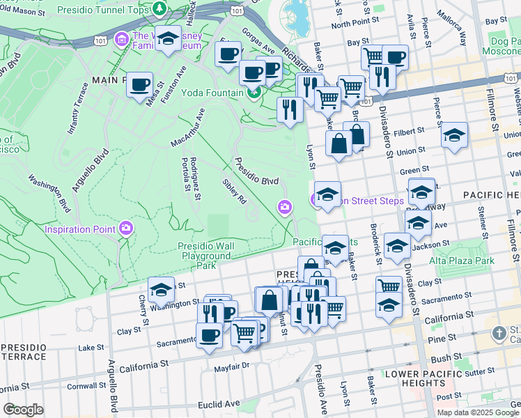 map of restaurants, bars, coffee shops, grocery stores, and more near Lover's Ln in San Francisco