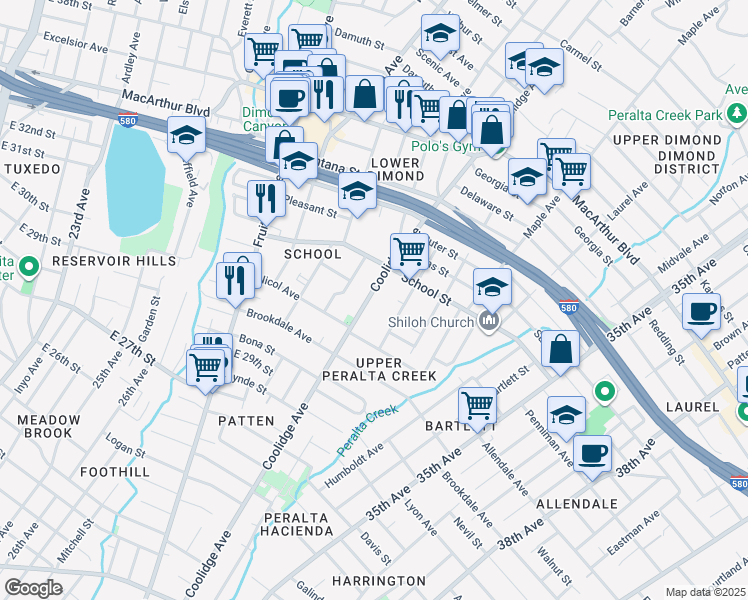 map of restaurants, bars, coffee shops, grocery stores, and more near 3162 Coolidge Avenue in Oakland