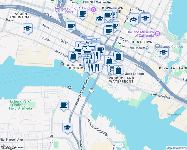 map of restaurants, bars, coffee shops, grocery stores, and more near 44 Webster Street in Oakland