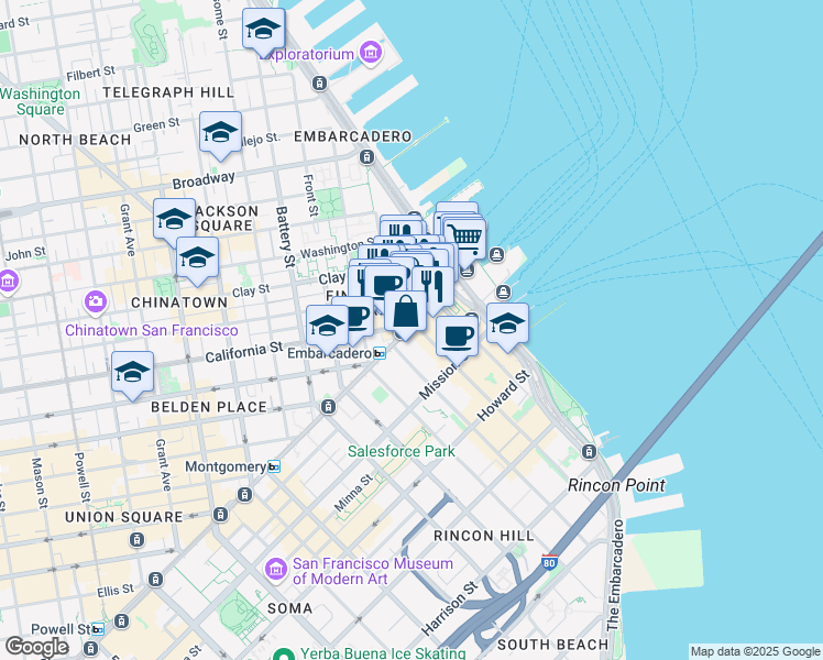map of restaurants, bars, coffee shops, grocery stores, and more near 101 Market Street in San Francisco