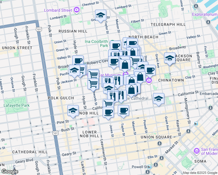 map of restaurants, bars, coffee shops, grocery stores, and more near 1235 Washington Street in San Francisco