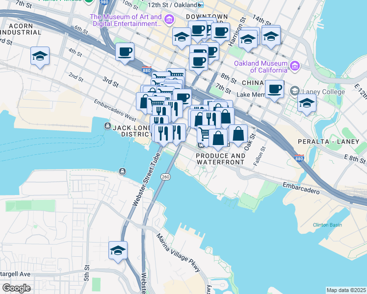 map of restaurants, bars, coffee shops, grocery stores, and more near 40 Harrison Street in Oakland