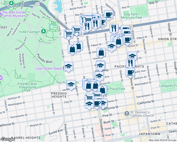 map of restaurants, bars, coffee shops, grocery stores, and more near 2619 Divisadero Street in San Francisco