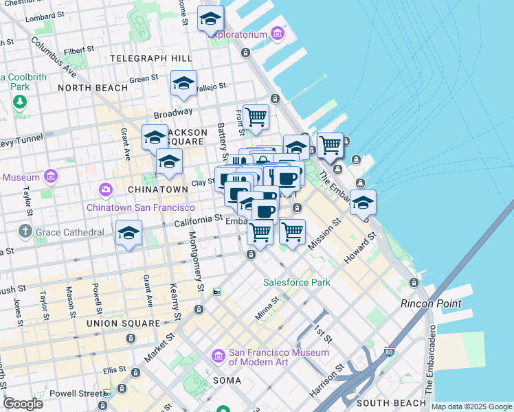 map of restaurants, bars, coffee shops, grocery stores, and more near 150 California Street in San Francisco