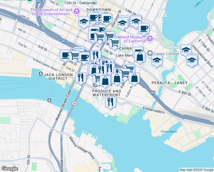 map of restaurants, bars, coffee shops, grocery stores, and more near 189 3rd Street in Oakland
