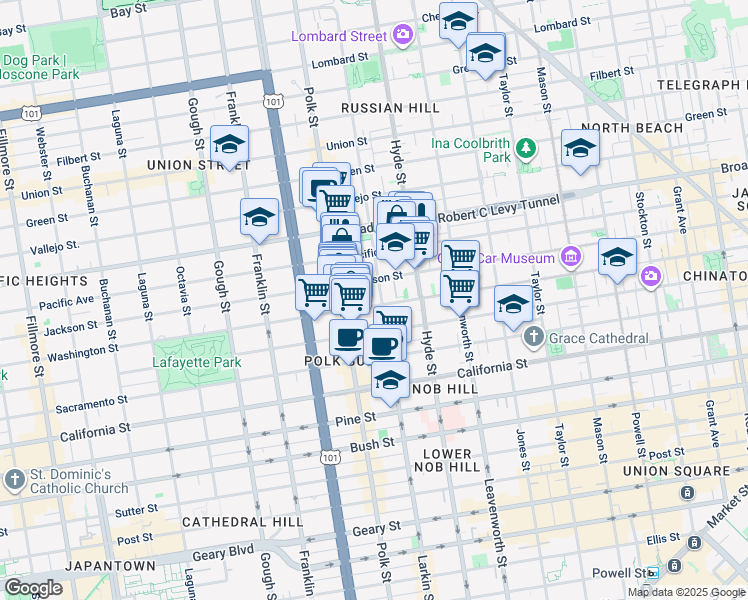 map of restaurants, bars, coffee shops, grocery stores, and more near 1664 Larkin Street in San Francisco