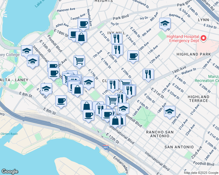 map of restaurants, bars, coffee shops, grocery stores, and more near in Oakland