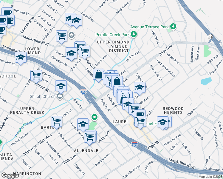 map of restaurants, bars, coffee shops, grocery stores, and more near 35th Avenue in Oakland
