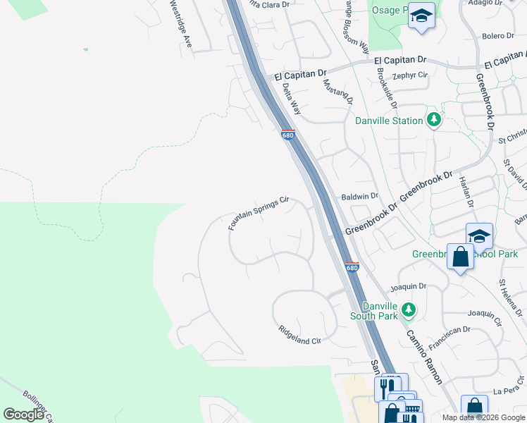 map of restaurants, bars, coffee shops, grocery stores, and more near 1360 Fountain Springs Circle in Danville