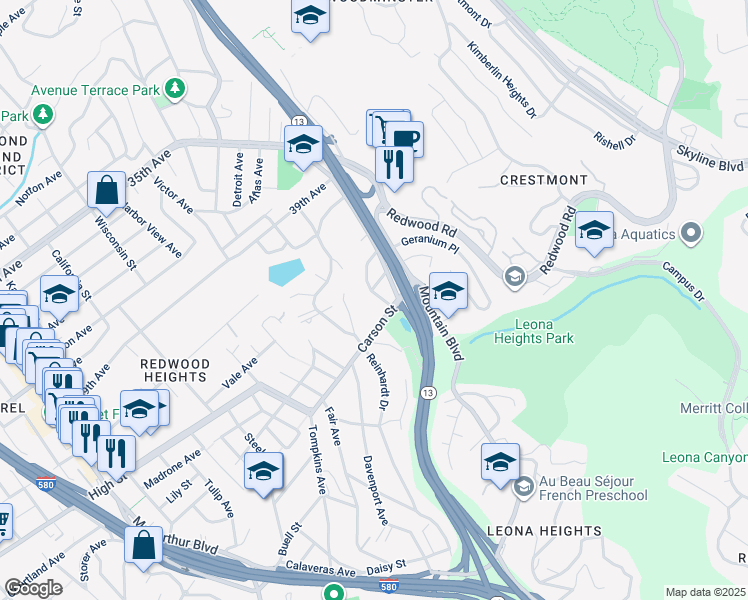 map of restaurants, bars, coffee shops, grocery stores, and more near 4479 Elinora Avenue in Oakland