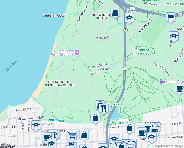 map of restaurants, bars, coffee shops, grocery stores, and more near Washington Boulevard & Battery Caulfield Road in San Francisco