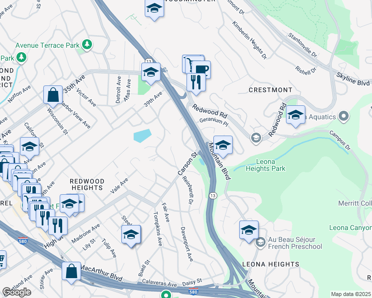 map of restaurants, bars, coffee shops, grocery stores, and more near 4479 Elinora Avenue in Oakland