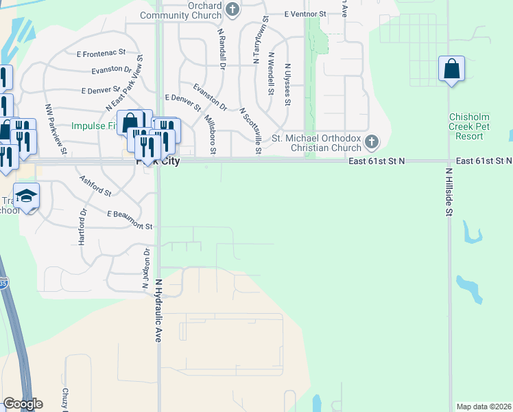 map of restaurants, bars, coffee shops, grocery stores, and more near 2145-2499 East 61st Street North in Park City
