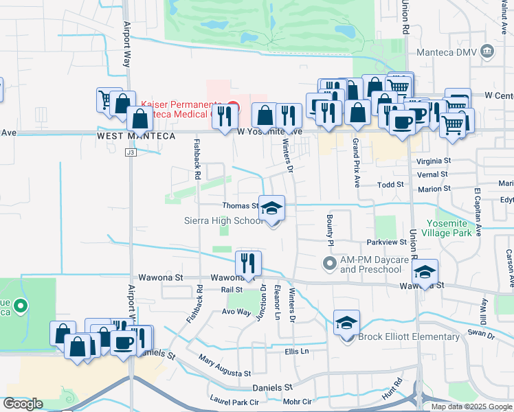 map of restaurants, bars, coffee shops, grocery stores, and more near 1799 Thomas Street in Manteca