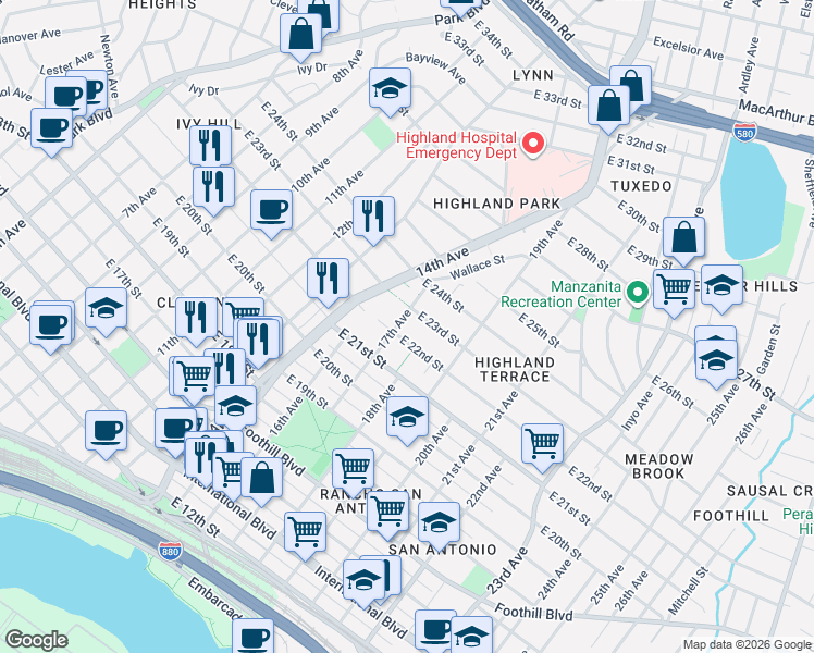map of restaurants, bars, coffee shops, grocery stores, and more near 2212 17th Avenue in Oakland