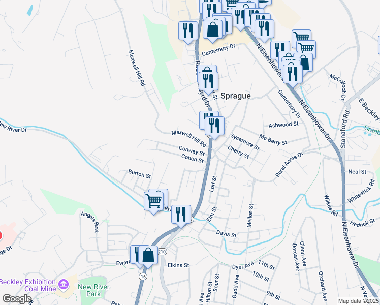 map of restaurants, bars, coffee shops, grocery stores, and more near 154 Conway St in Beckley