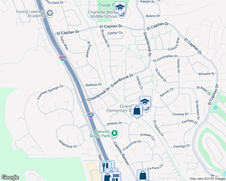 map of restaurants, bars, coffee shops, grocery stores, and more near 107 Greenbrook Court in Danville
