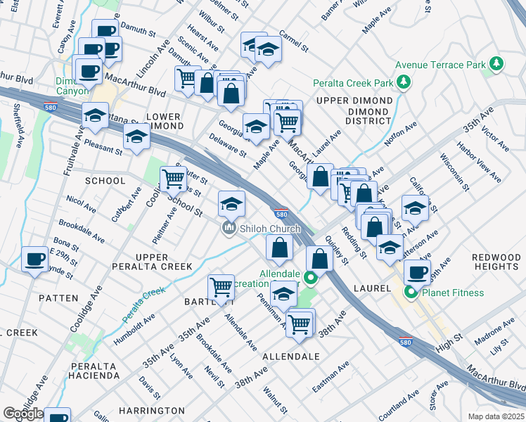 map of restaurants, bars, coffee shops, grocery stores, and more near 3260 Arkansas Street in Oakland