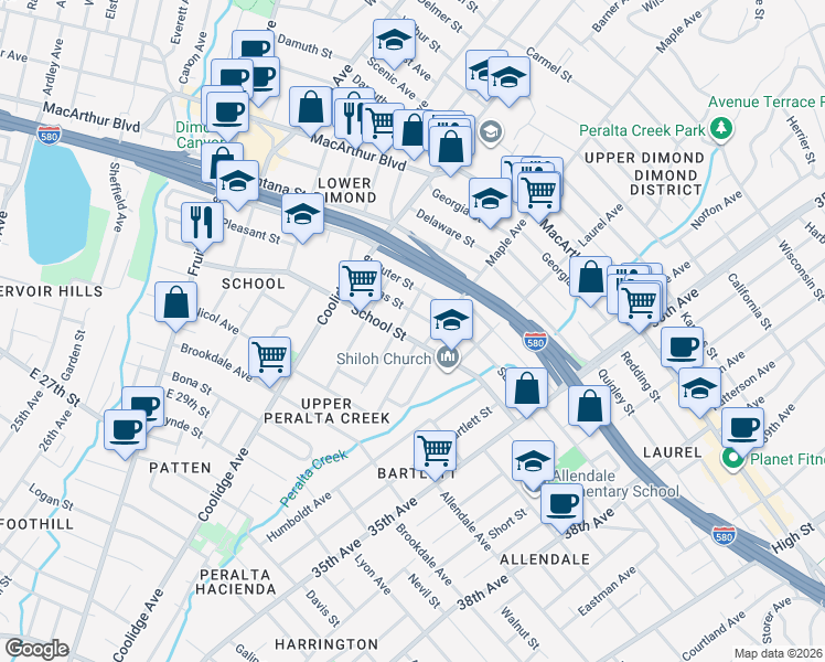 map of restaurants, bars, coffee shops, grocery stores, and more near 3157 Texas Street in Oakland