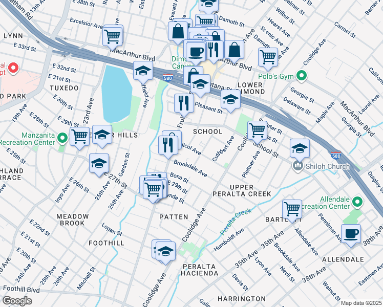 map of restaurants, bars, coffee shops, grocery stores, and more near 2819 Nicol Avenue in Oakland