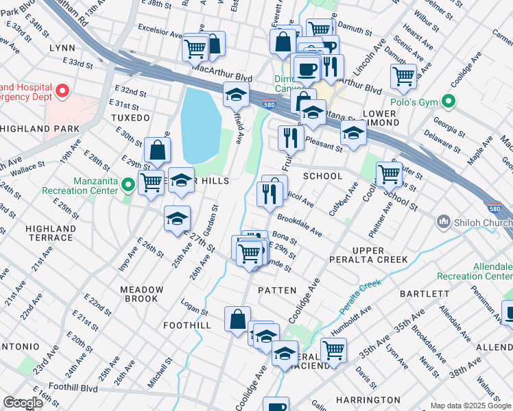 map of restaurants, bars, coffee shops, grocery stores, and more near 2627 Hickory Street in Oakland