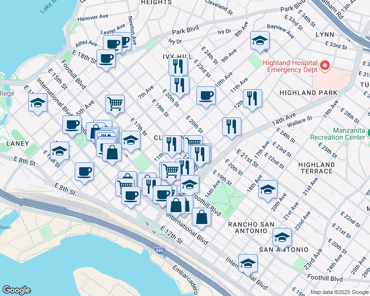 map of restaurants, bars, coffee shops, grocery stores, and more near in Oakland