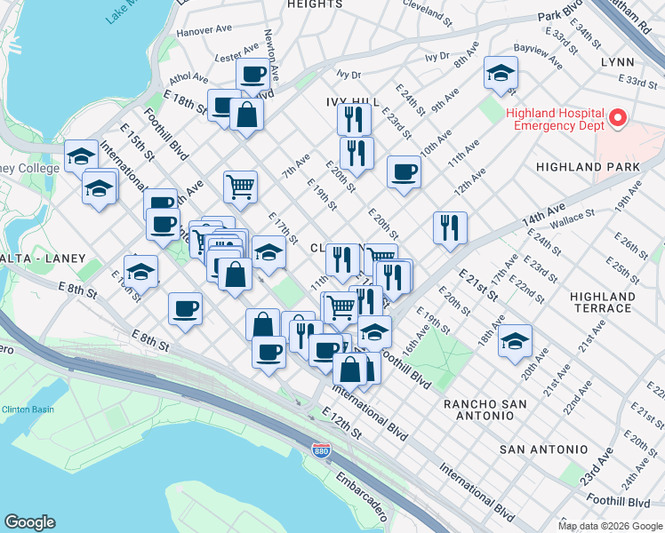 map of restaurants, bars, coffee shops, grocery stores, and more near in Oakland