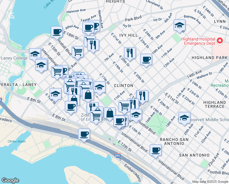 map of restaurants, bars, coffee shops, grocery stores, and more near 1650 10th Avenue in Oakland