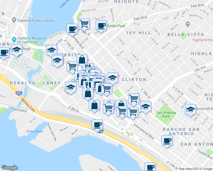 map of restaurants, bars, coffee shops, grocery stores, and more near 814 East 15th Street in Oakland