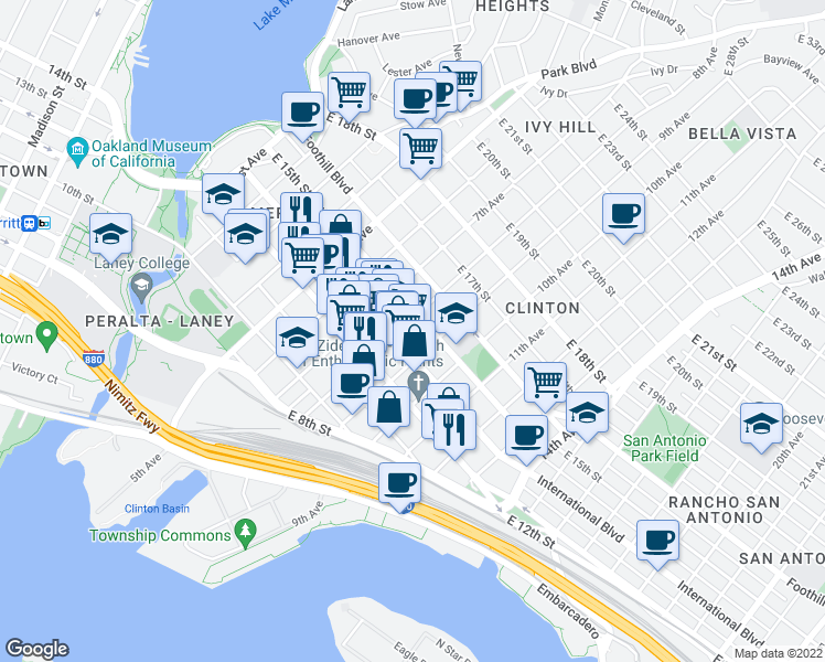 map of restaurants, bars, coffee shops, grocery stores, and more near 814 East 15th Street in Oakland