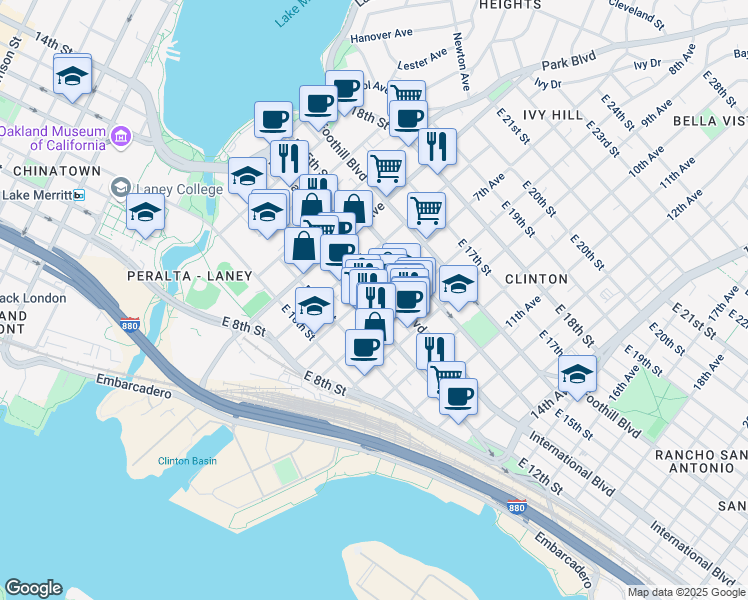 map of restaurants, bars, coffee shops, grocery stores, and more near 655 International Boulevard in Oakland