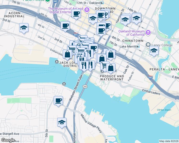 map of restaurants, bars, coffee shops, grocery stores, and more near 55 Harrison Street in Oakland