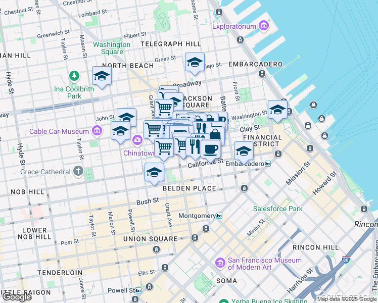 map of restaurants, bars, coffee shops, grocery stores, and more near 642 Commercial Street in San Francisco