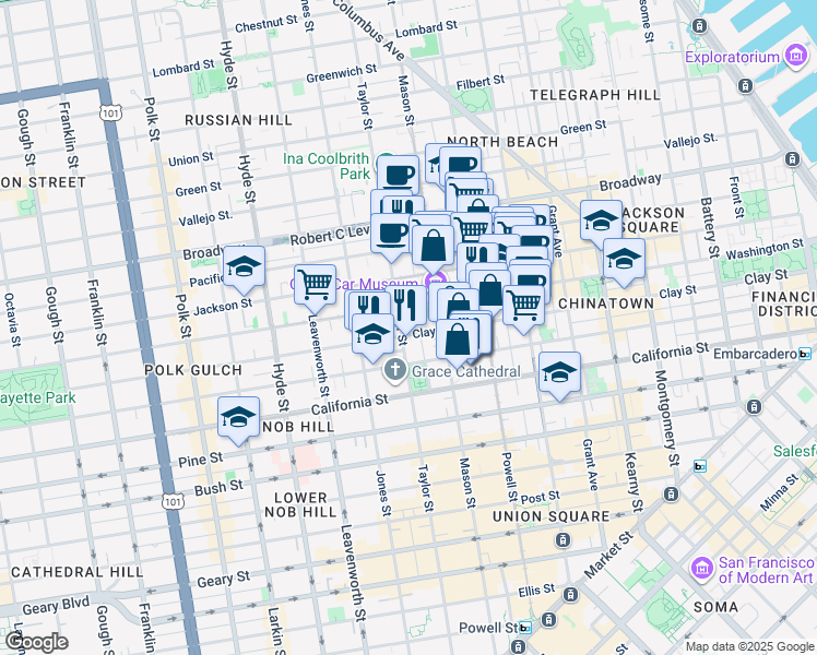 map of restaurants, bars, coffee shops, grocery stores, and more near 1140 Clay Street in San Francisco