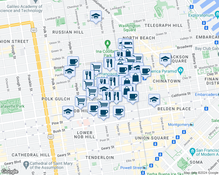 map of restaurants, bars, coffee shops, grocery stores, and more near 1235 Washington Street in San Francisco