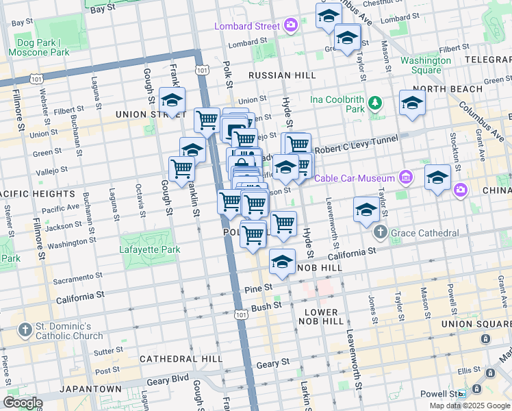 map of restaurants, bars, coffee shops, grocery stores, and more near 1958 Polk Street in San Francisco