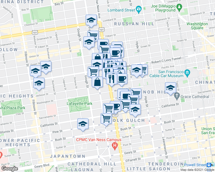 map of restaurants, bars, coffee shops, grocery stores, and more near 1720 Jackson Street in San Francisco