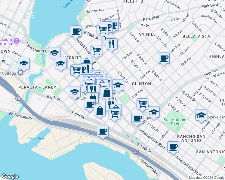 map of restaurants, bars, coffee shops, grocery stores, and more near 814 East 15th Street in Oakland